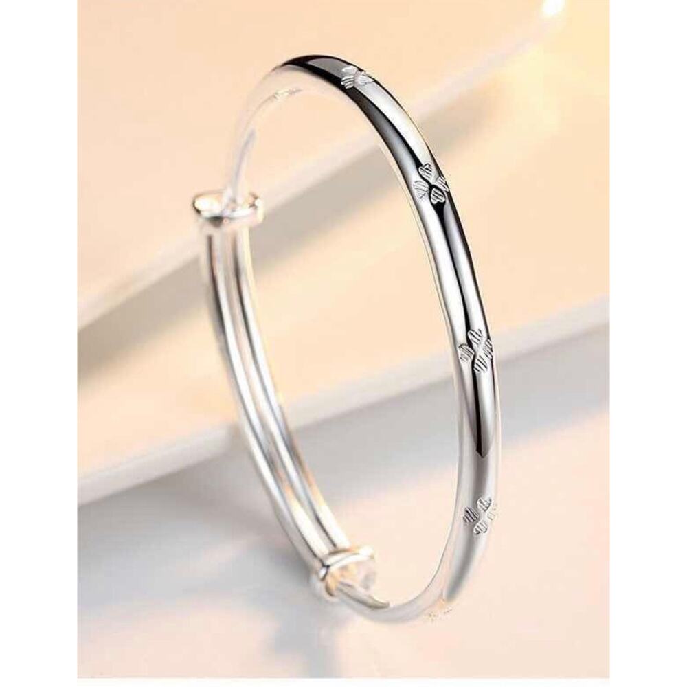 Adjustable Silver-Tone Four Clover Bracelet, STAMPED 999 silver color Bangle - Picture 2 of 5